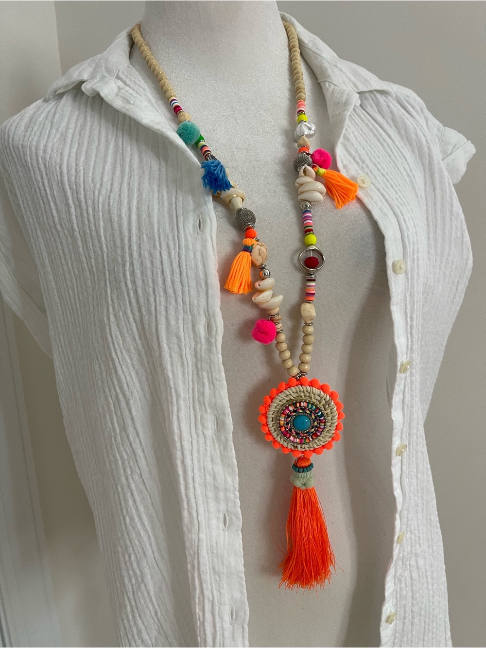Neon Orange Boho Tassel Statement Necklace with Beaded Medallion